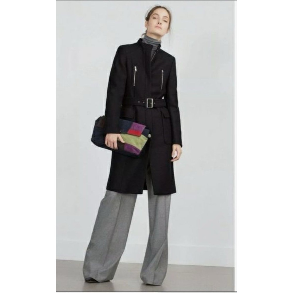 Zara Woman Black Belted High Nech Midi Length Moto Zip Coat Medium